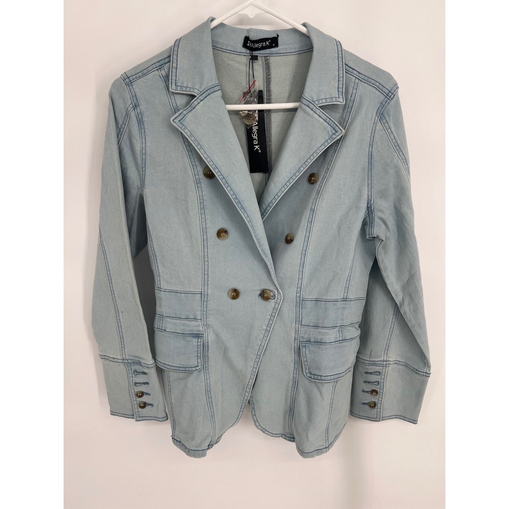 Allegra K Womens Light Wash Denim Double Breasted Blazer Jacket Size S NWT